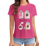 Pink women's t-shirt featuring watercolor Paris Perfume graphic print from MyArtsyGift, crewneck, short sleeve apparel.