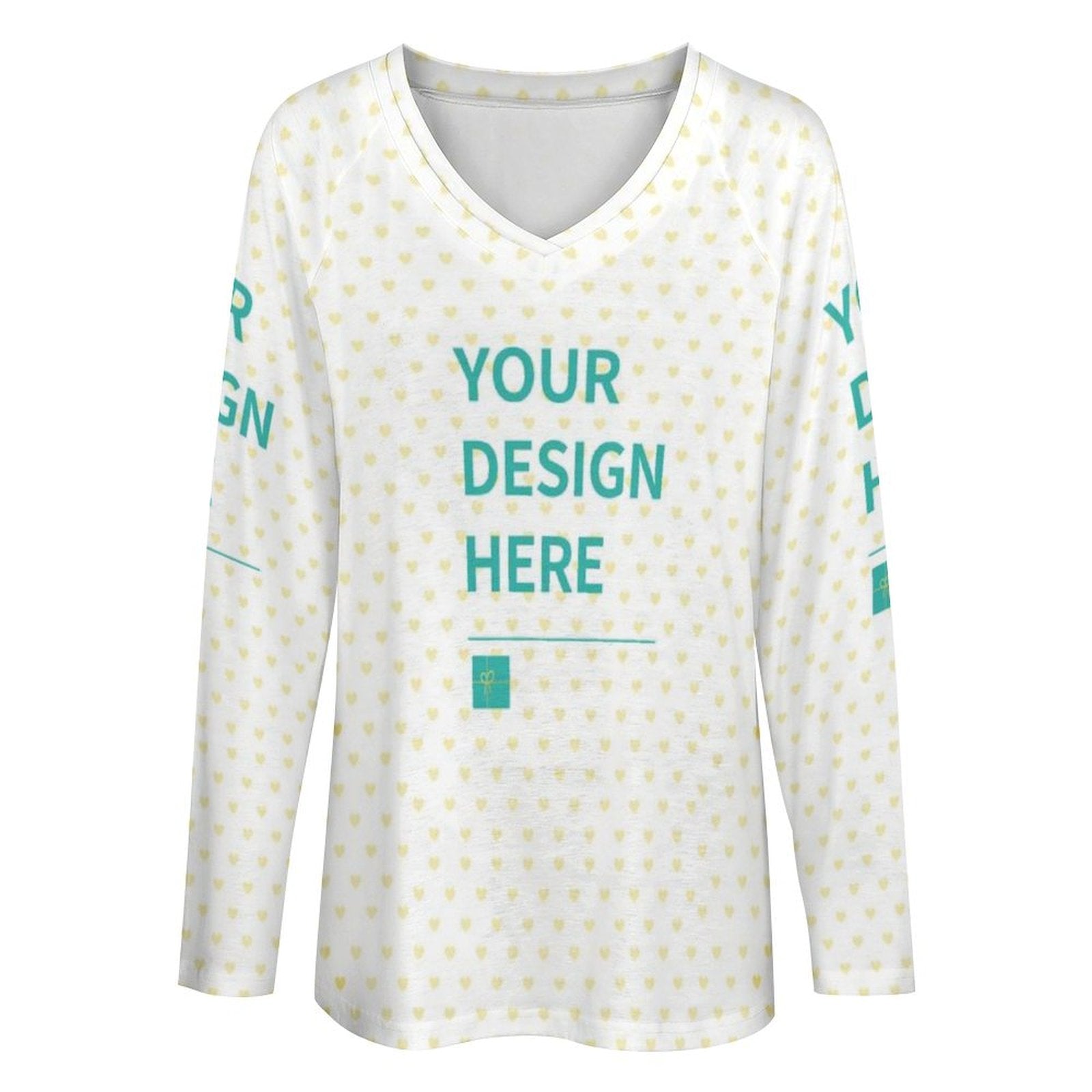 Custom women's white V-neck long sleeve shirt with heart pattern, featuring 'Your Design Here', MyArtsyGift