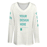 Custom women's white V-neck long sleeve shirt with heart pattern, featuring 'Your Design Here', MyArtsyGift