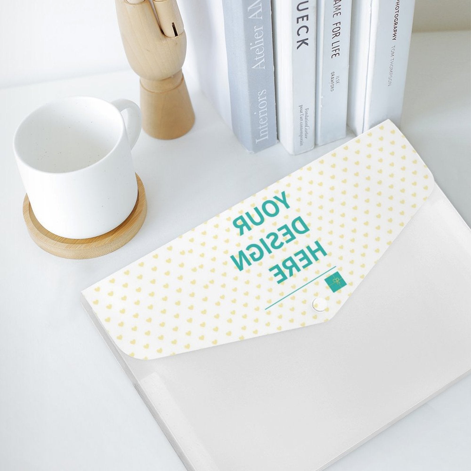 Customizable expanding file folder, with YOUR DESIGN HERE text, portable organizer for school or office supplies.