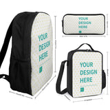 Personalized school backpack set. Includes backpack, lunch bag, pencil case, with space for custom design.