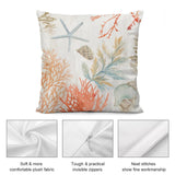 Sea life plush pillow cover, soft fabric, starfish, shells, with invisible zipper and neat stitching.