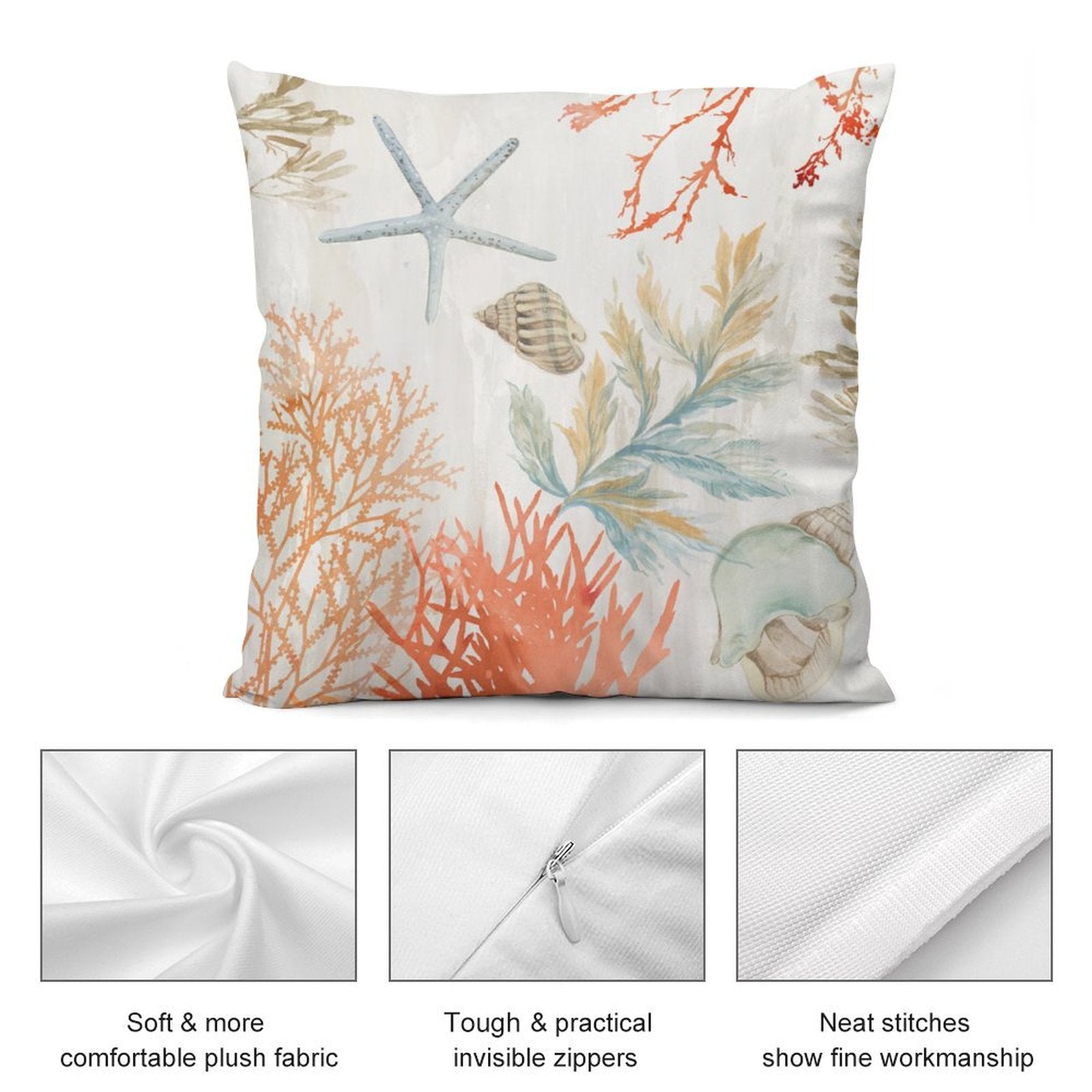 Watercolor beach-themed plush pillow cover with starfish, shells, coral, and soft plush fabric for sofa
