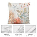 Watercolor beach-themed plush pillow cover with starfish, shells, coral, and soft plush fabric for sofa