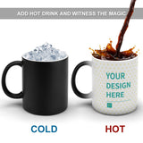 Customizable color-changing mug with 'YOUR DESIGN HERE' design, changes with hot liquid, perfect personalized gift