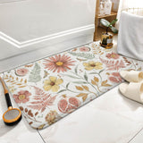 Coral velvet floral bath rug with watercolor design, non-slip for bathroom or kitchen