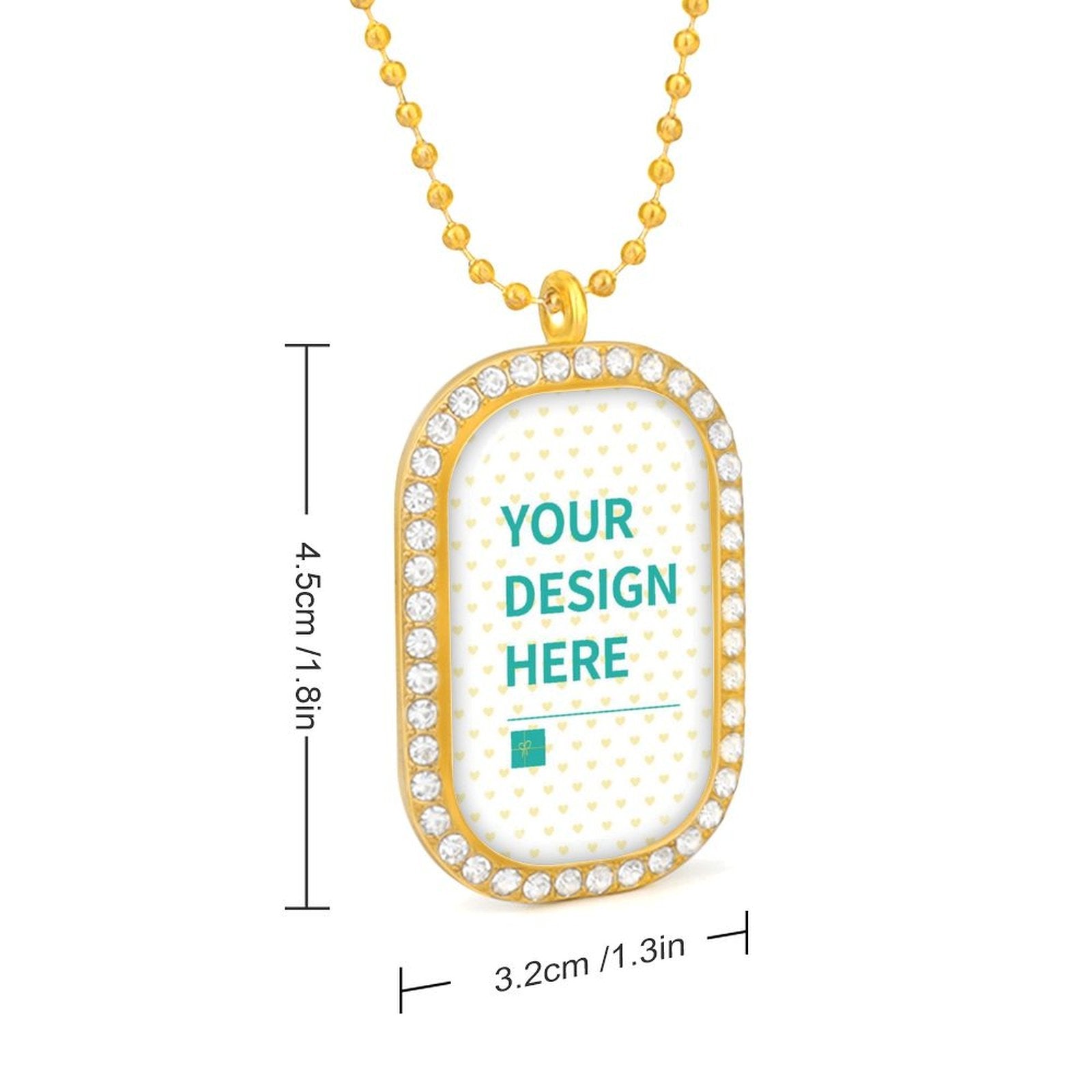 Custom memory necklace with pictures, gold alloy pendant, 'Your Design Here' text, crystal border, perfect gift.
