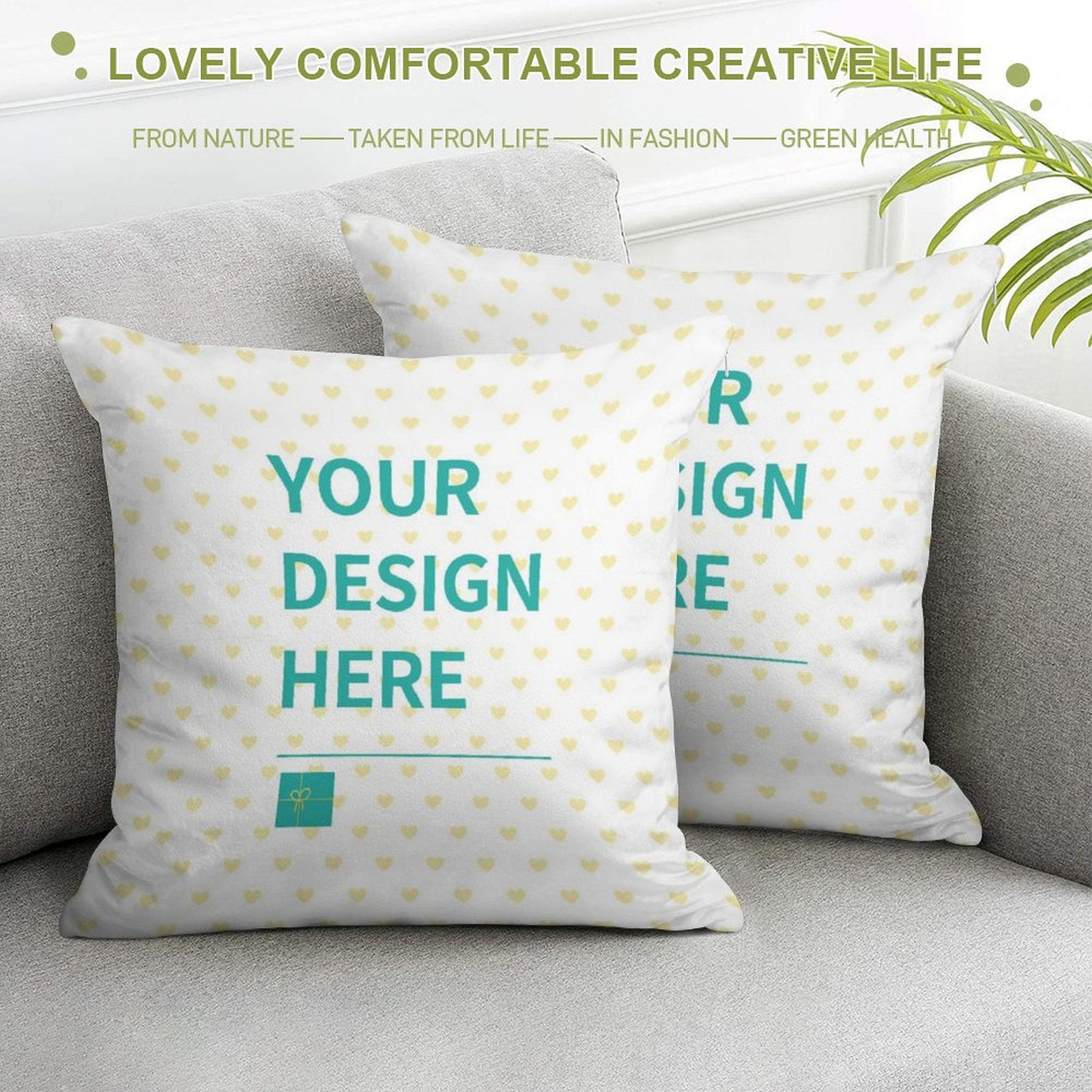 Golden velvet pillowcase set of 2 with personalized design, heart pattern, for living room.