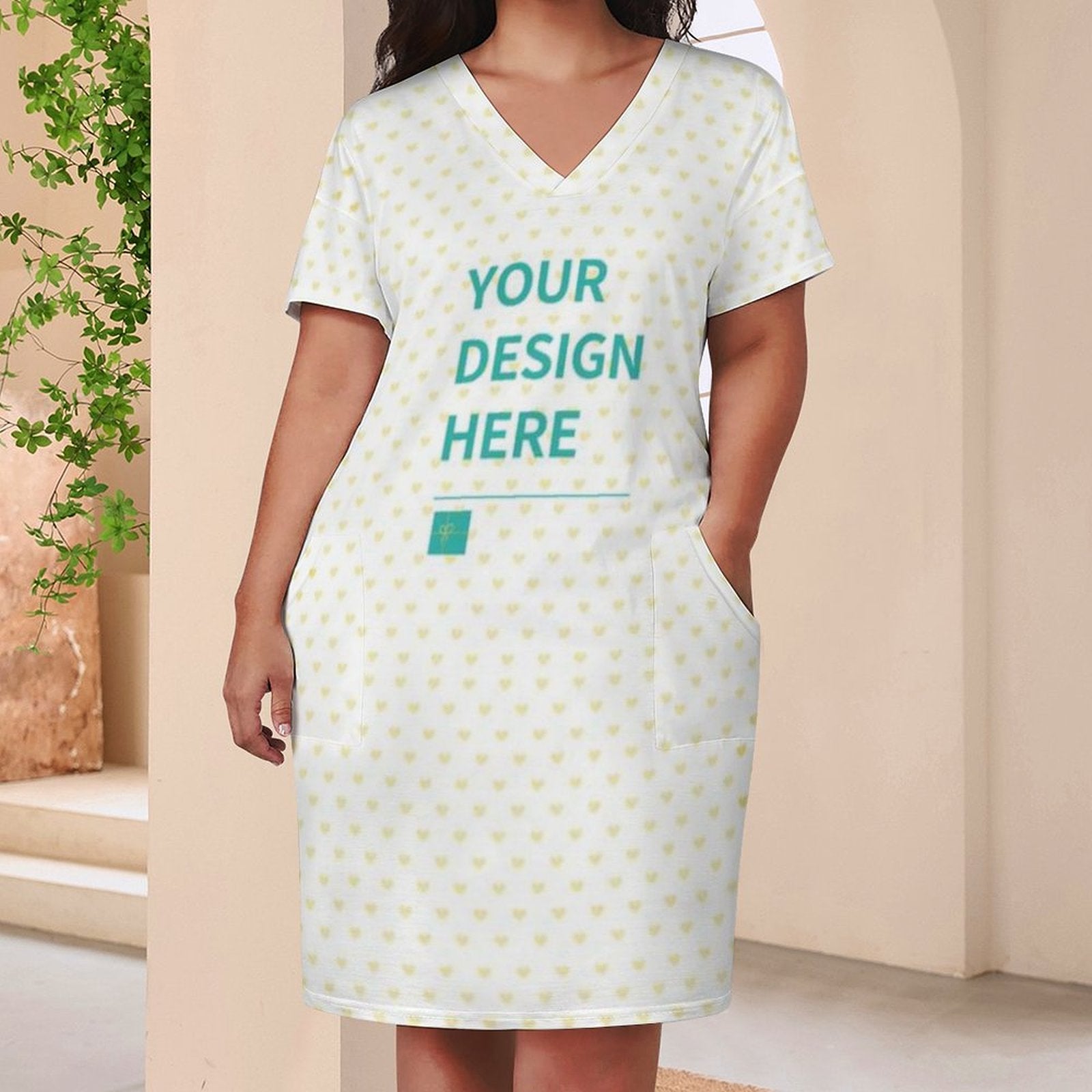 Customizable V-neck women's summer dress with pockets, featuring 'YOUR DESIGN HERE' text and a heart pattern.