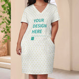 Customizable V-neck women's summer dress with pockets, featuring 'YOUR DESIGN HERE' text and a heart pattern.