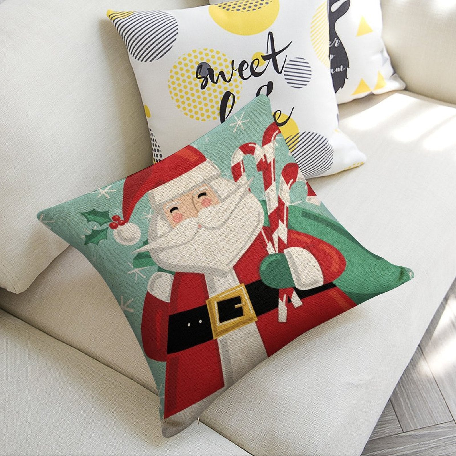 Christmas pillow cover with Santa Claus design, linen material for sofa, couch, bed. Holiday home decor.