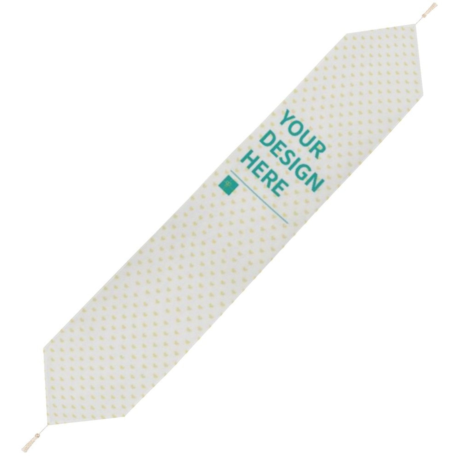 Customizable table runner with "YOUR DESIGN HERE" design, perfect for weddings and parties.