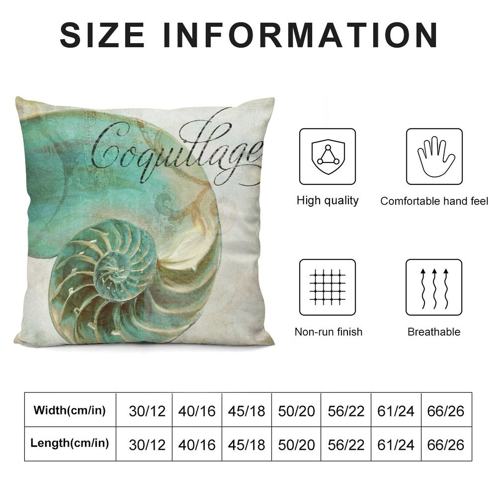 Teal seashell art pillow cover with 'Coquillage' text, decorative cushion, home decor, various sizes.