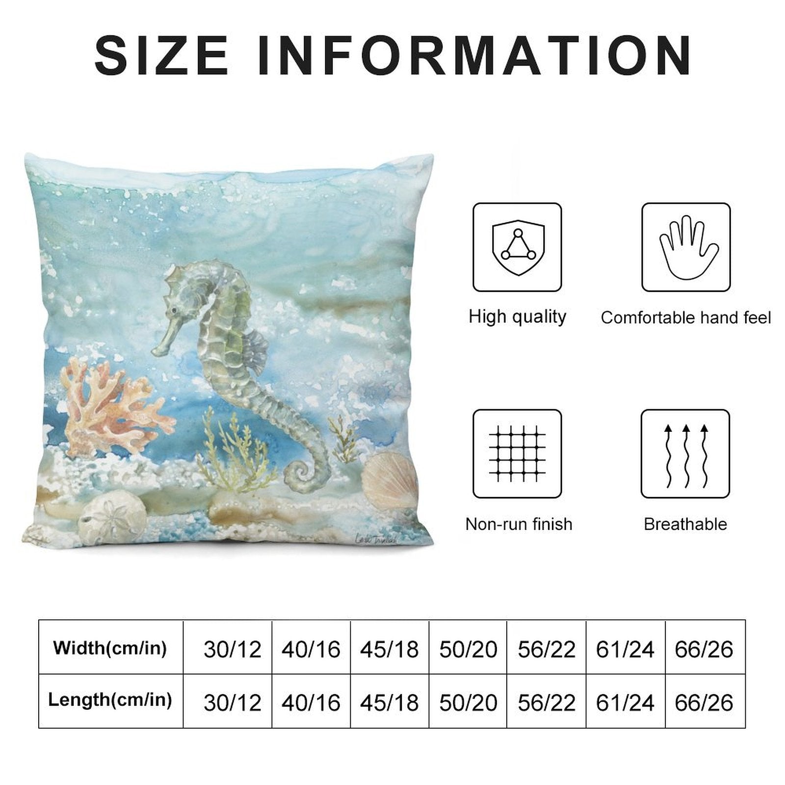 Plush throw pillow cover with watercolor seahorse and coral design, showcasing soft plush, dimensions, and quality features.