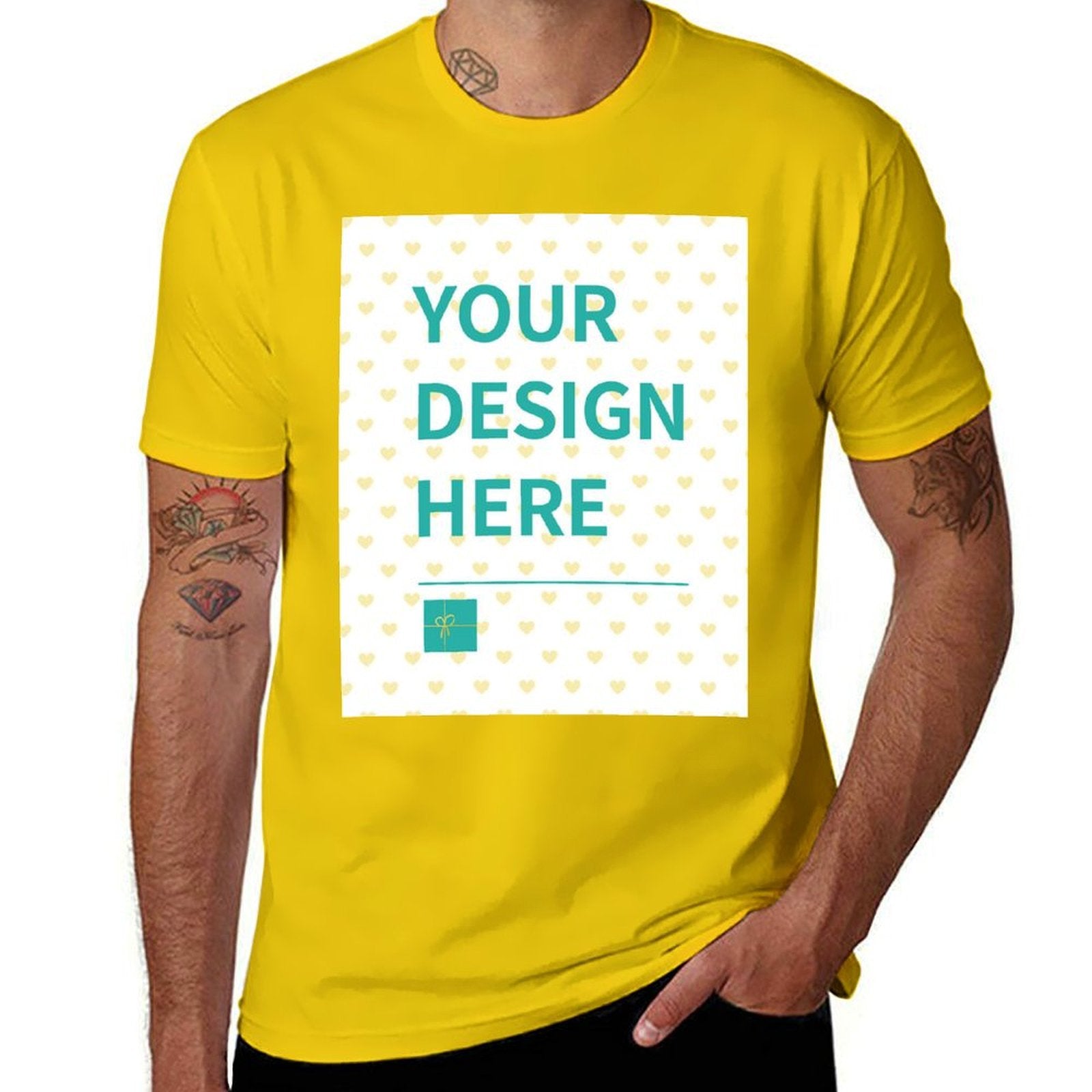 Customizable yellow short sleeve t-shirt for men with 'YOUR DESIGN HERE' design, MyArtsyGift