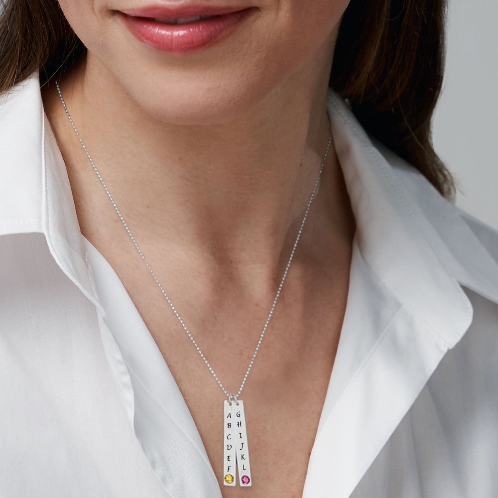 Custom Vertical Double Bar Necklace in silver, personalized with engraved letters and gemstones, perfect gift