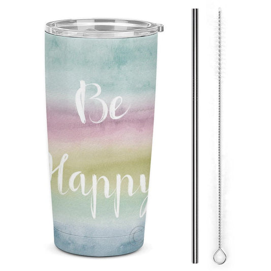 Stainless steel coffee tumbler with Be Happy text, straw and brush, a perfect birthday or Christmas gift.