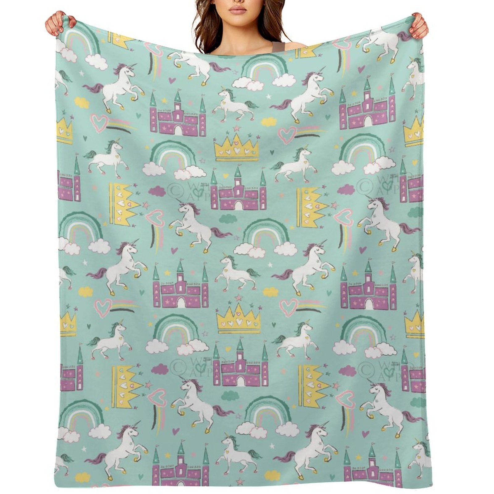 Rainbow Dream fleece blanket with unicorns, castles, and rainbows. Soft and cozy 280g flannel blanket