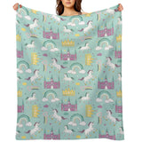 Rainbow Dream fleece blanket with unicorns, castles, and rainbows. Soft and cozy 280g flannel blanket