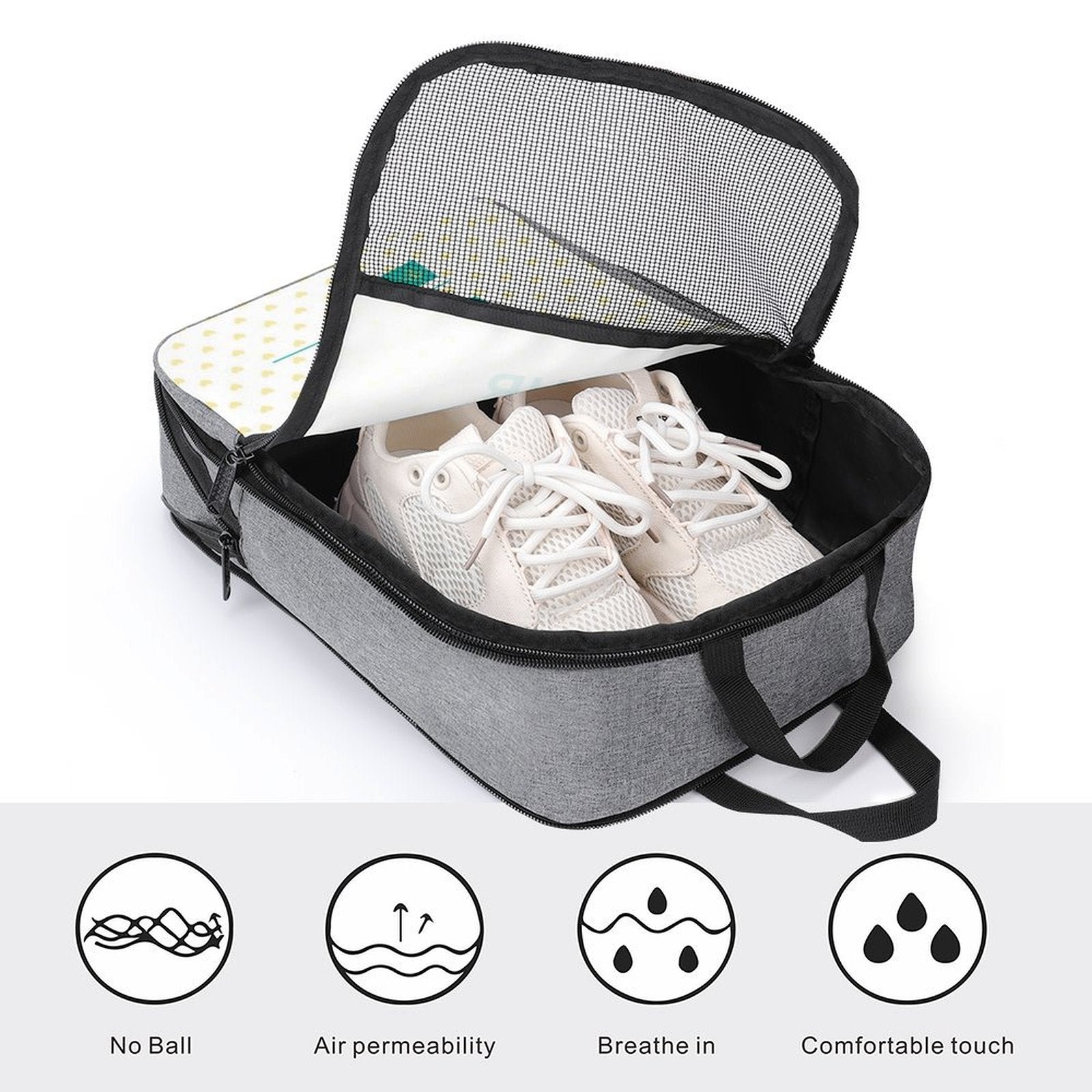 Grey travel shoe bag with sneakers inside; snowflake fabric, mesh window, and comfortable touch for travel.