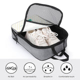 Grey travel shoe bag with sneakers inside; snowflake fabric, mesh window, and comfortable touch for travel.
