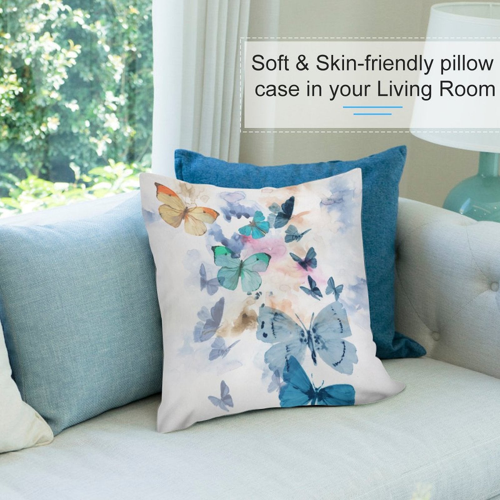 Soft plush pillow cover with watercolor butterfly design, perfect for sofa, couch, living room decor, soft and skin-friendly.
