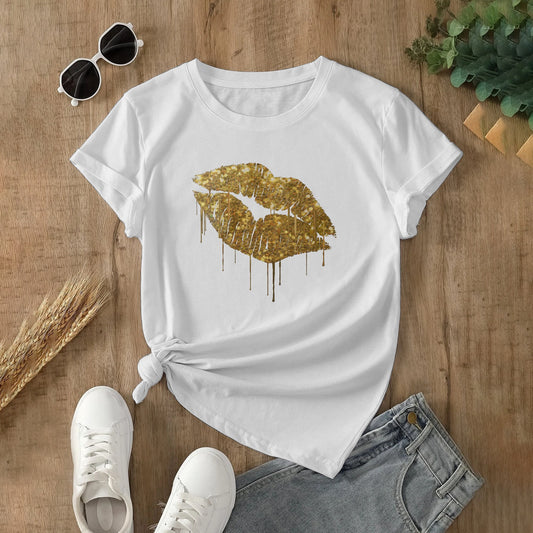 Golden lips graphic women's t-shirt in white cotton, Made in USA, perfect for casual wear