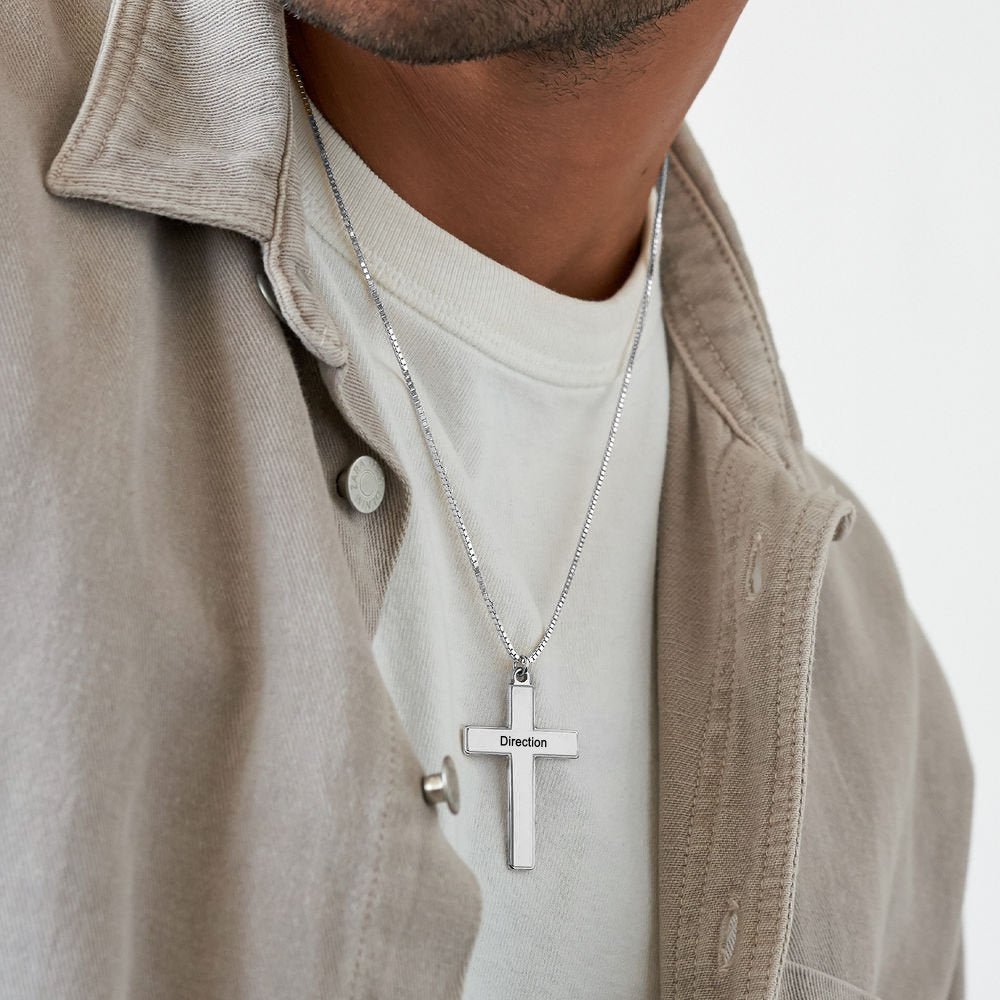 Silver 'Direction' engraved cross pendant necklace for men. Christian gift, customizable religious jewelry.
