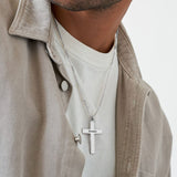 Silver 'Direction' engraved cross pendant necklace for men. Christian gift, customizable religious jewelry.