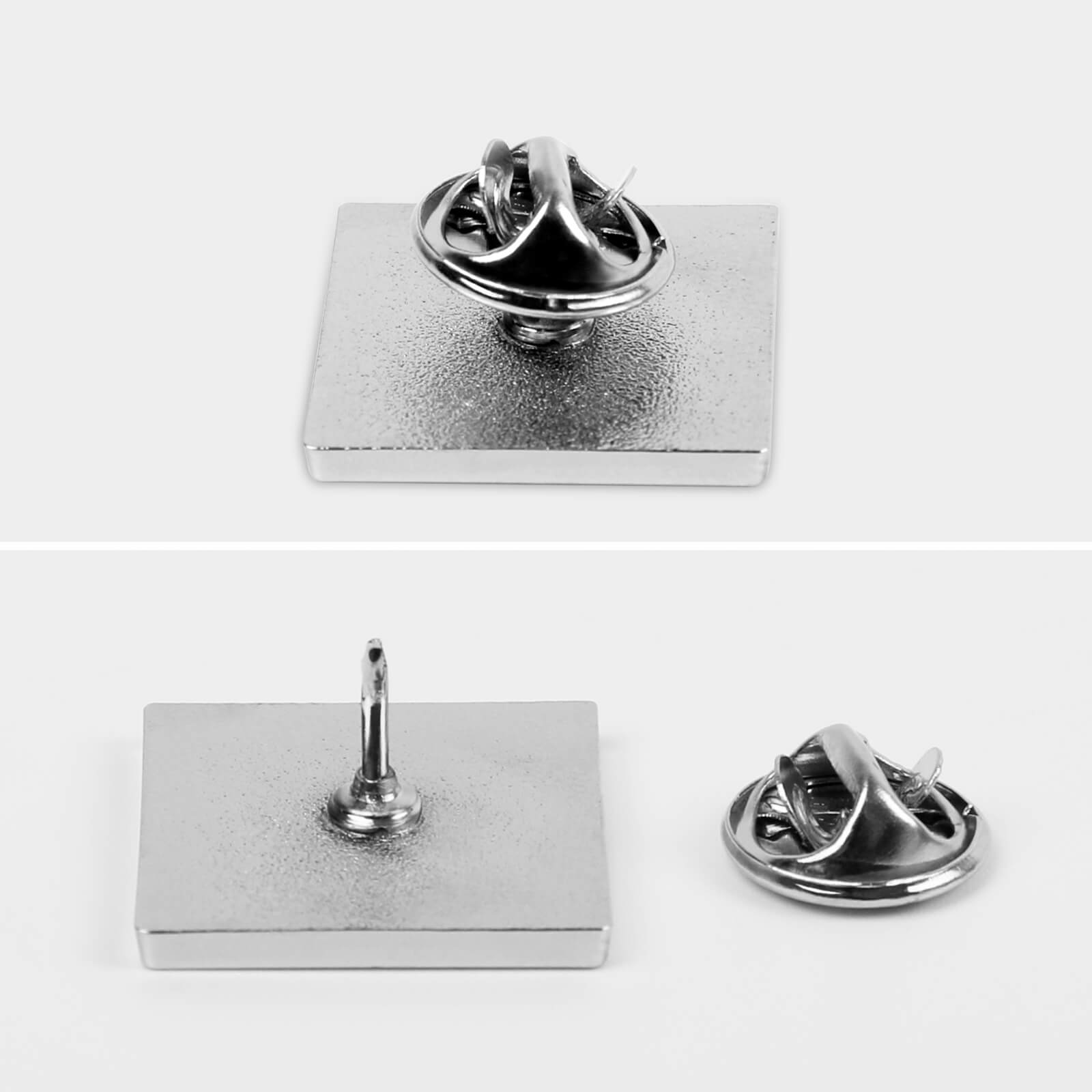 Custom alloy square lapel pin, featuring detailed views of the pin's structure and clasp for shirt, jacket, or business.