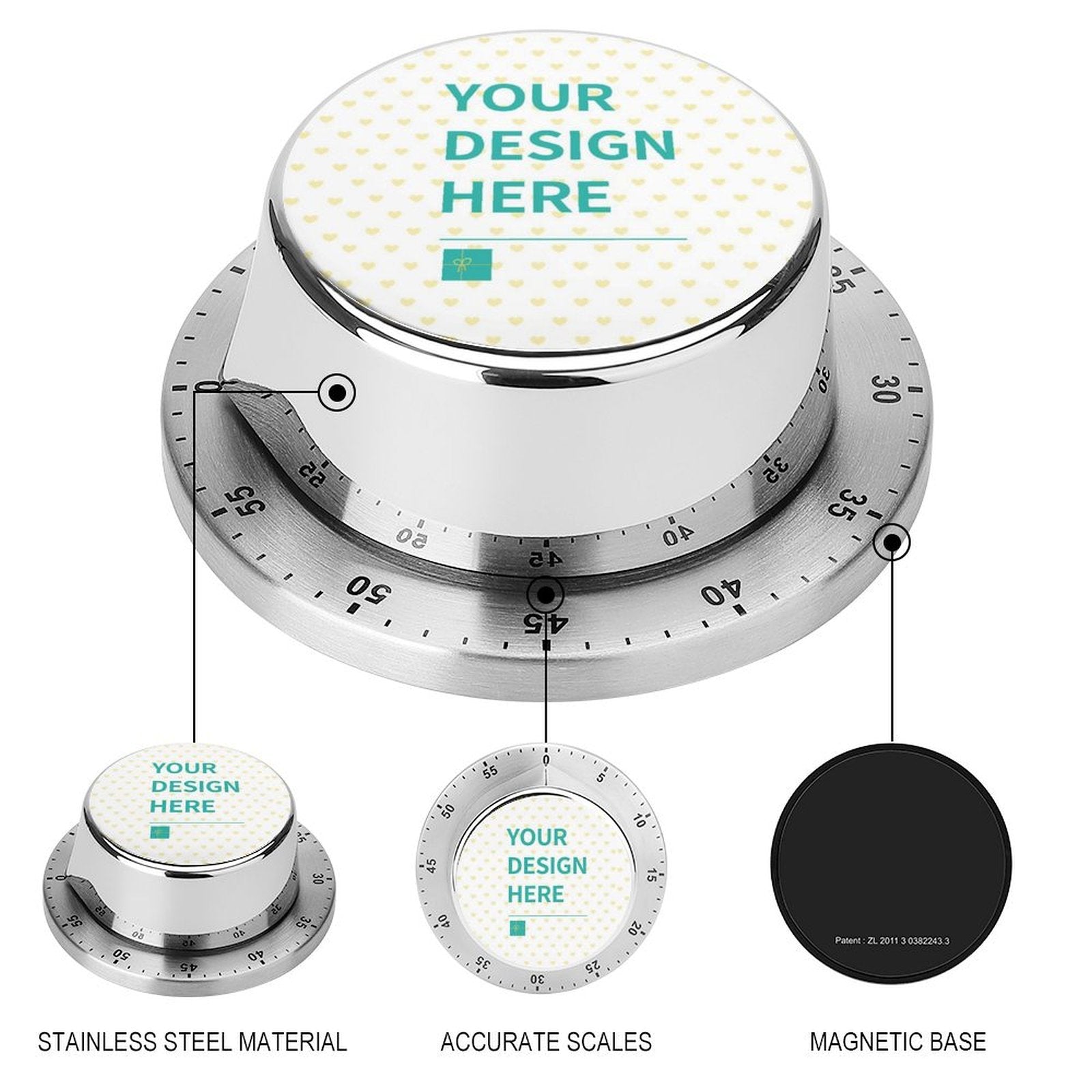Custom kitchen timer with 'YOUR DESIGN HERE'. Stainless steel, accurate, magnetic. Perfect for school.