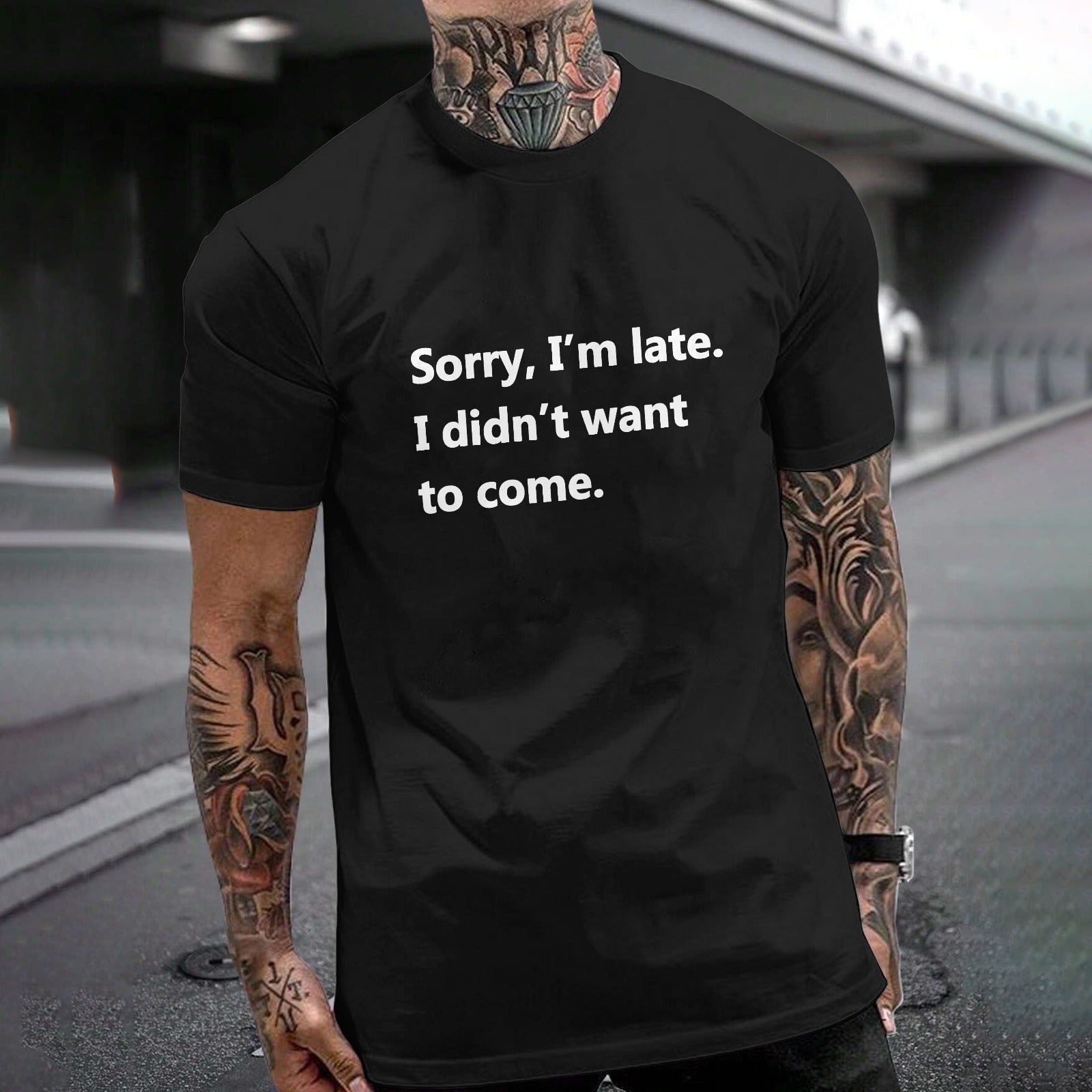 Black Gildan unisex T-shirt with funny quote, featuring a man with tattoos.