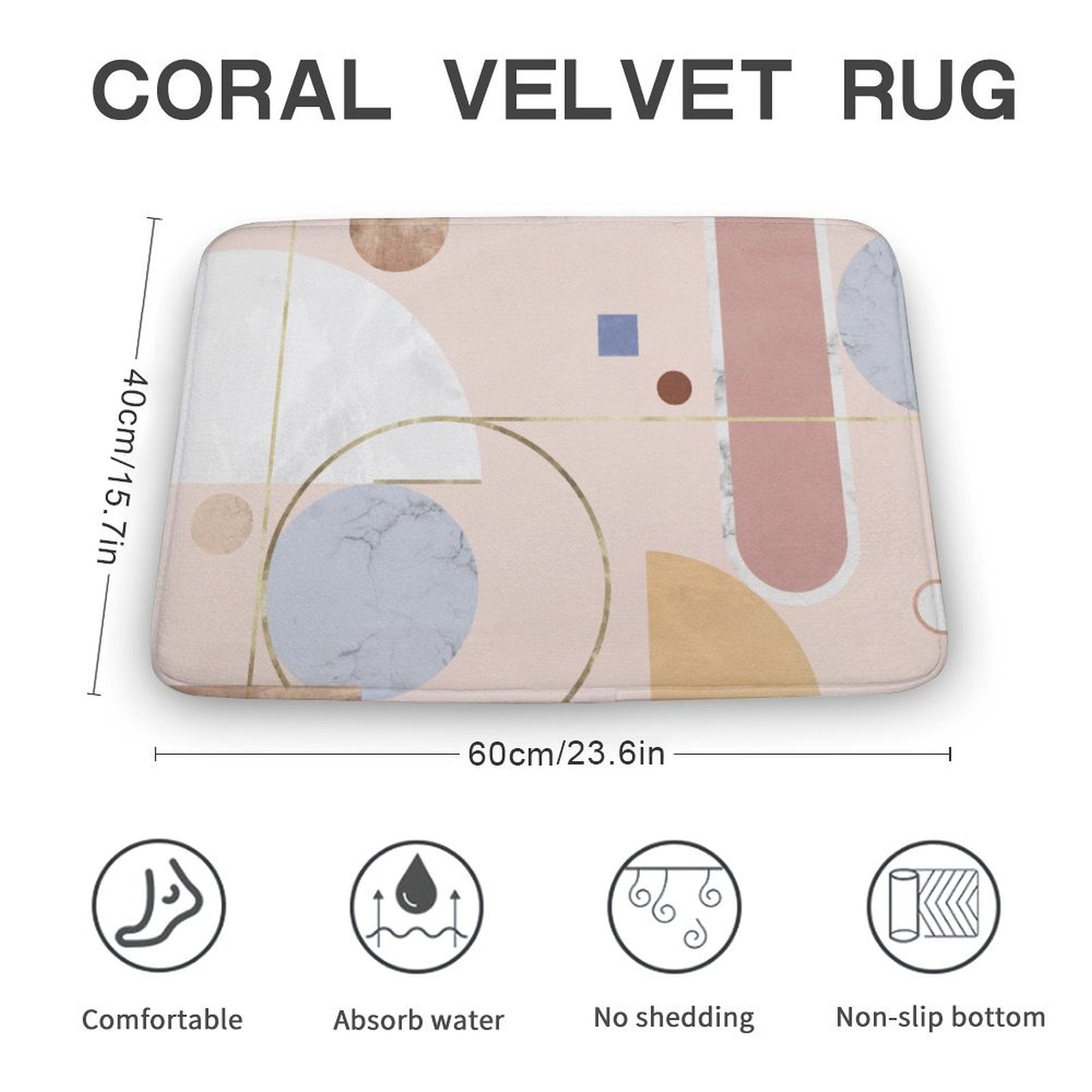 Coral Velvet Bath Rug - Abstract Geometric Design, Non-slip, Absorbent, 60x40cm