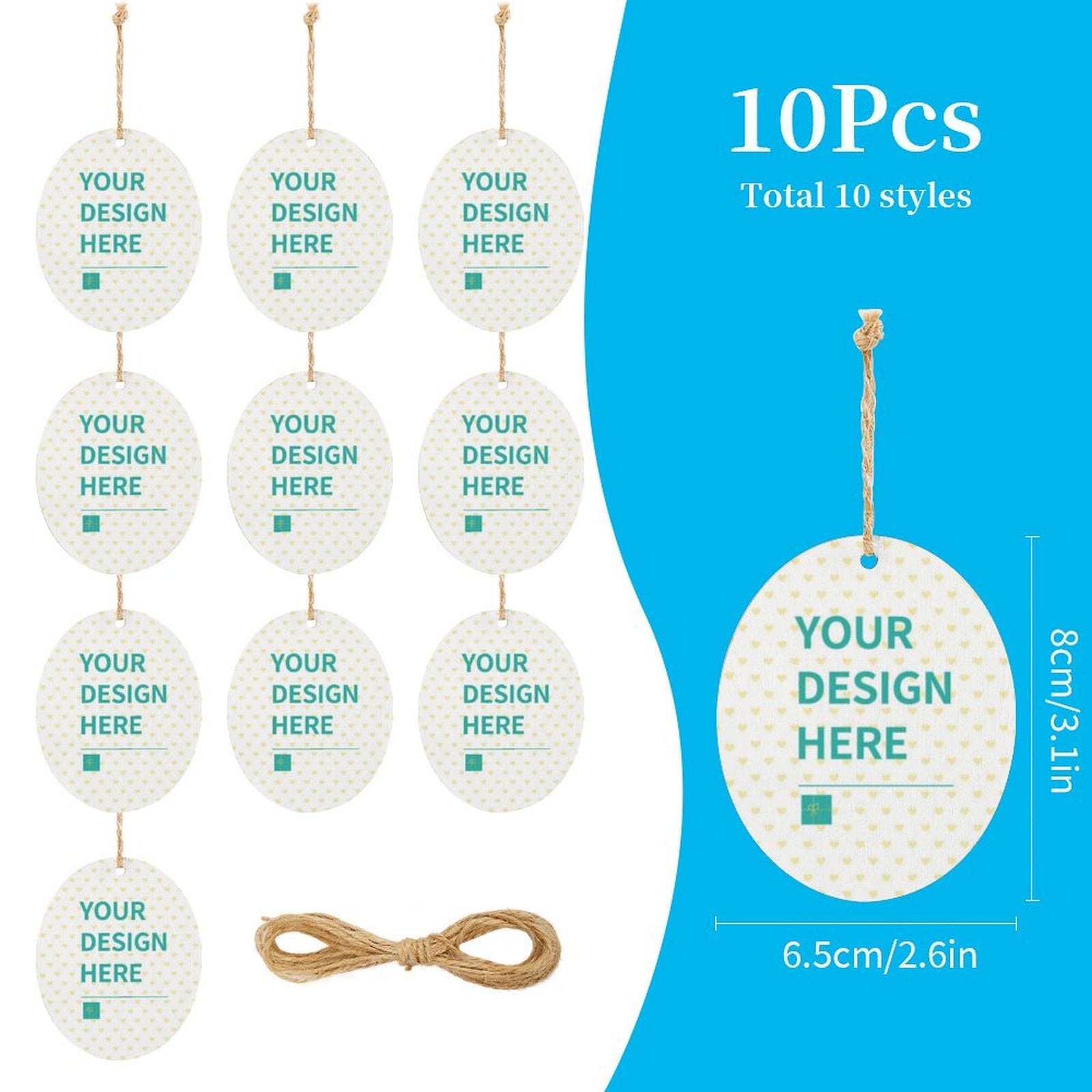 Wooden egg hanging tags with rope, customizable with "YOUR DESIGN HERE" text, perfect for tree and home decor.