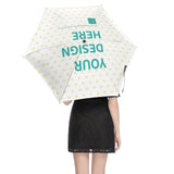 Customizable UV resistant umbrella with 'YOUR DESIGN HERE' text and yellow hearts pattern.