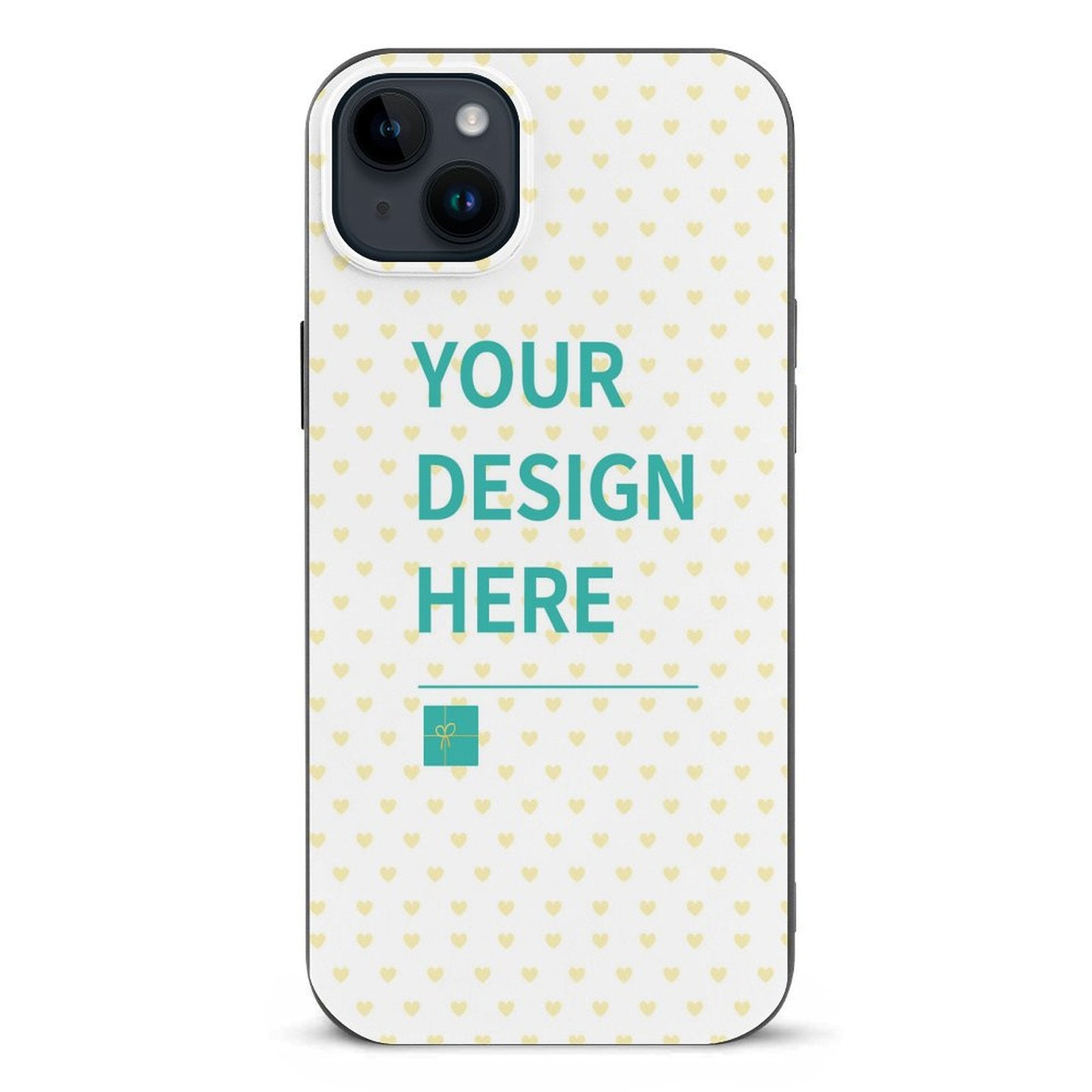 Custom iPhone 14 case with 'YOUR DESIGN HERE' design, heart pattern, TPU material from MyArtsyGift