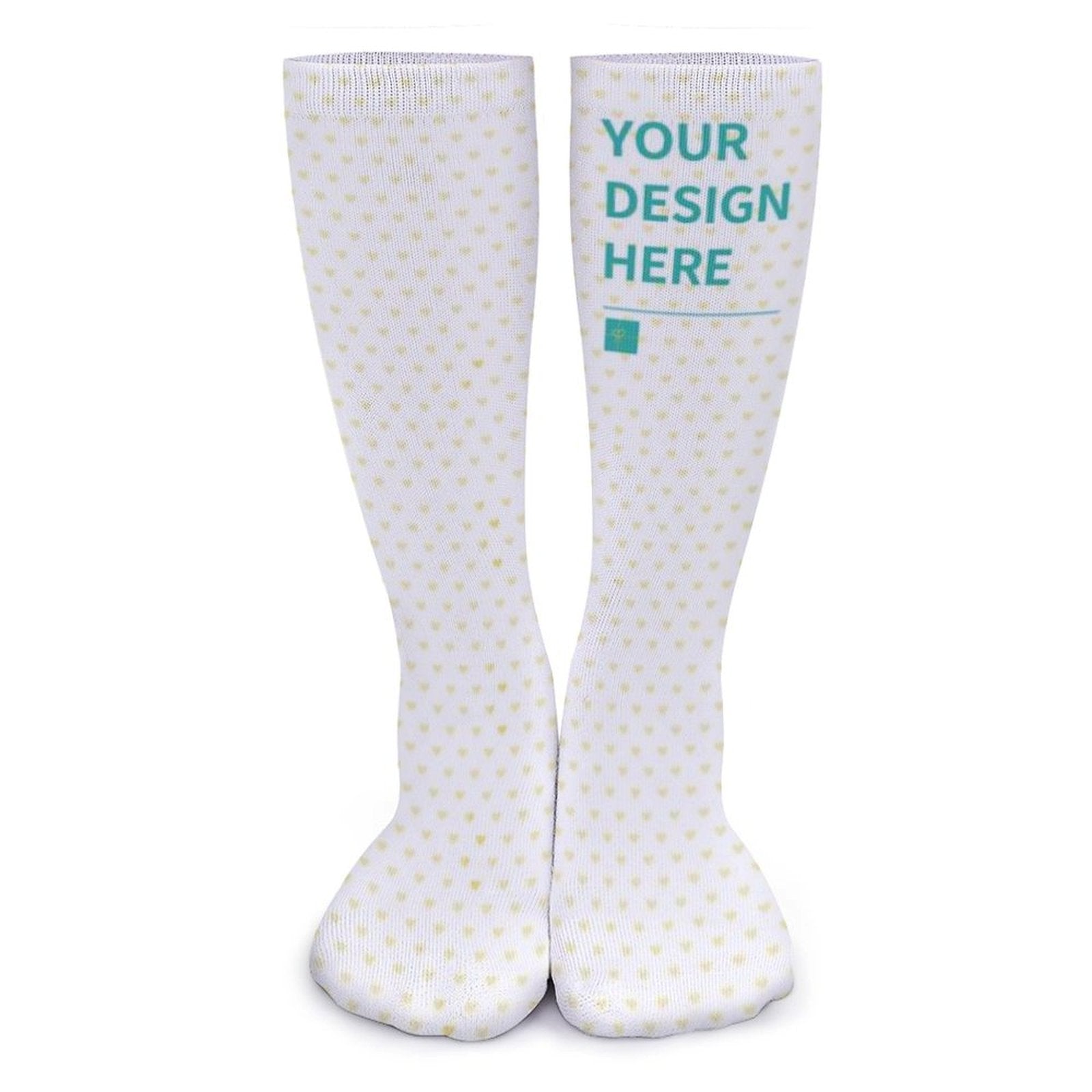 Customizable winter socks for men and women, 'Your Design Here' print, heart pattern, ideal gift.