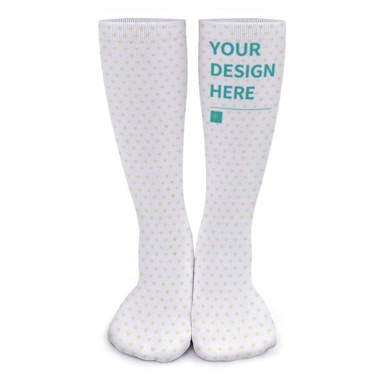 Customizable winter socks for men and women, 'Your Design Here' print, heart pattern, ideal gift.