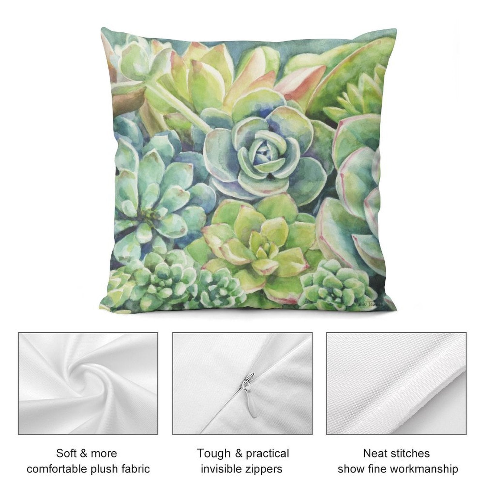 Watercolor succulent pillow cover, plush fabric, invisible zipper, and neat stitches for sofa