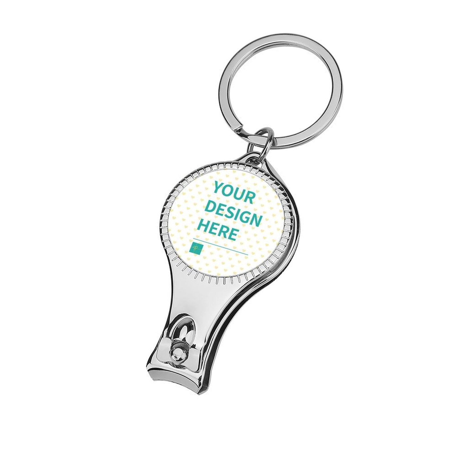 Customizable metal nail clipper keychain with 'Your Design Here' text, perfect for gifting and personalization.
