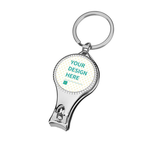 Customizable metal nail clipper keychain with 'Your Design Here' text, perfect for gifting and personalization.