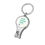 Customizable metal nail clipper keychain with 'Your Design Here' text, perfect for gifting and personalization.
