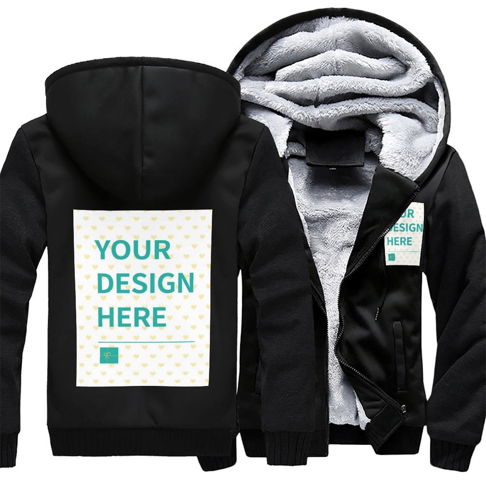 Custom black hoodie for men. Design your own personalized sweatshirt with zipper and hood.