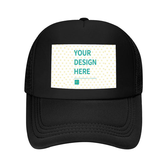 Custom black mesh baseball cap with "YOUR DESIGN HERE" design, perfect for personalized gifts for men and women.