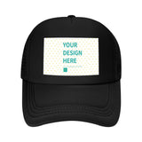 Custom black mesh baseball cap with "YOUR DESIGN HERE" design, perfect for personalized gifts for men and women.