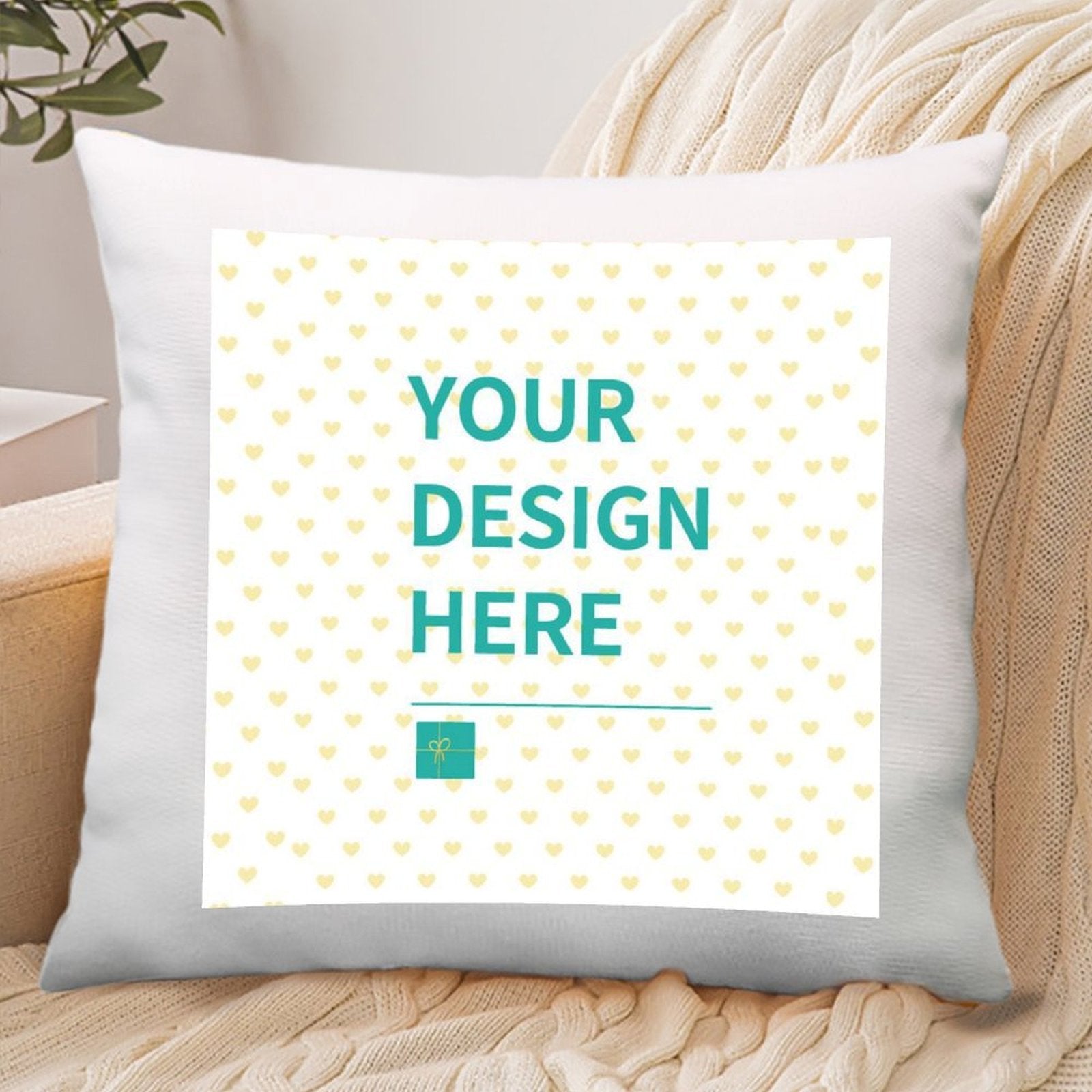 Customizable cotton linen throw pillow case with "YOUR DESIGN HERE" text, personalized gift