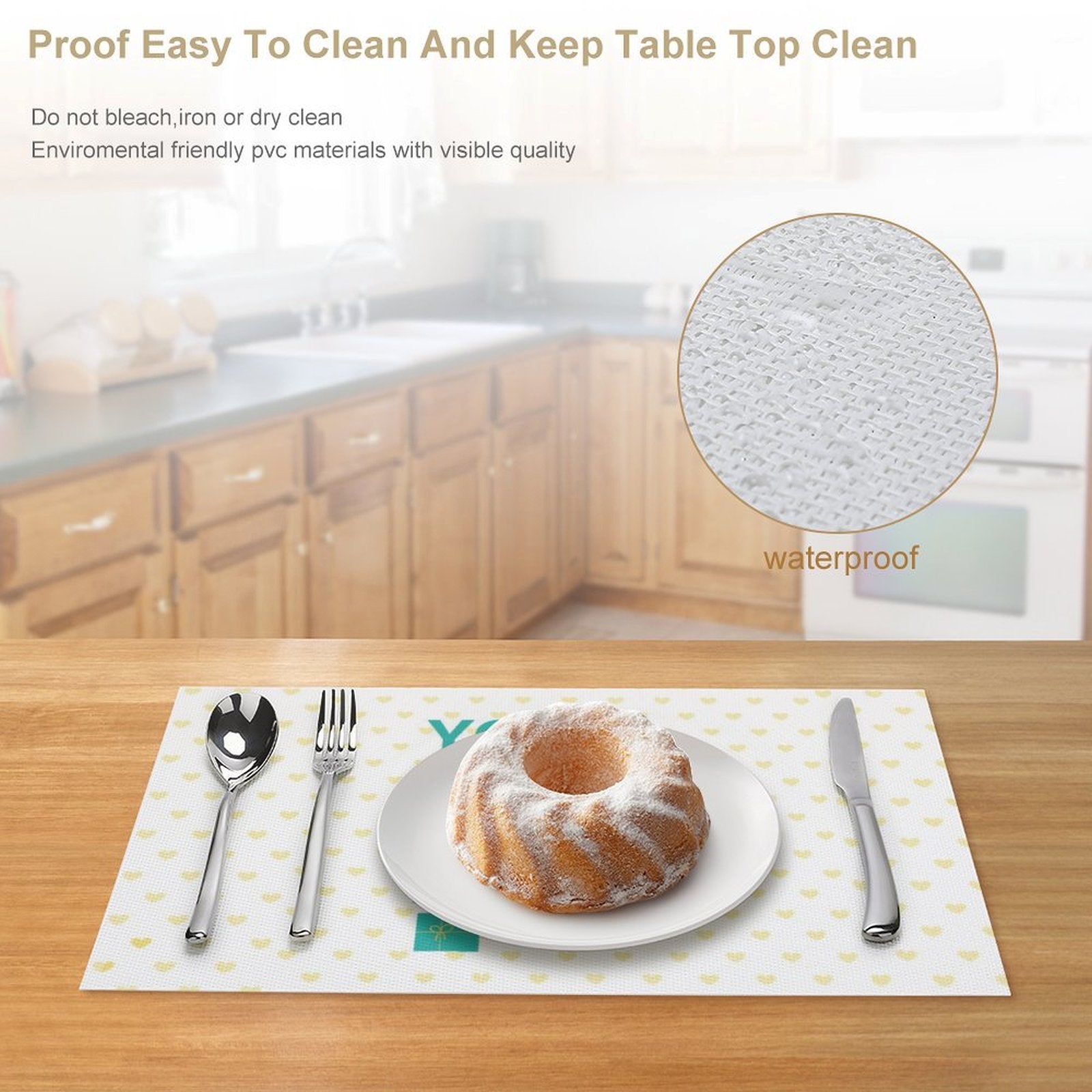 Waterproof PVC placemat for dining table with cake, silverware, and kitchen decor, easy to clean