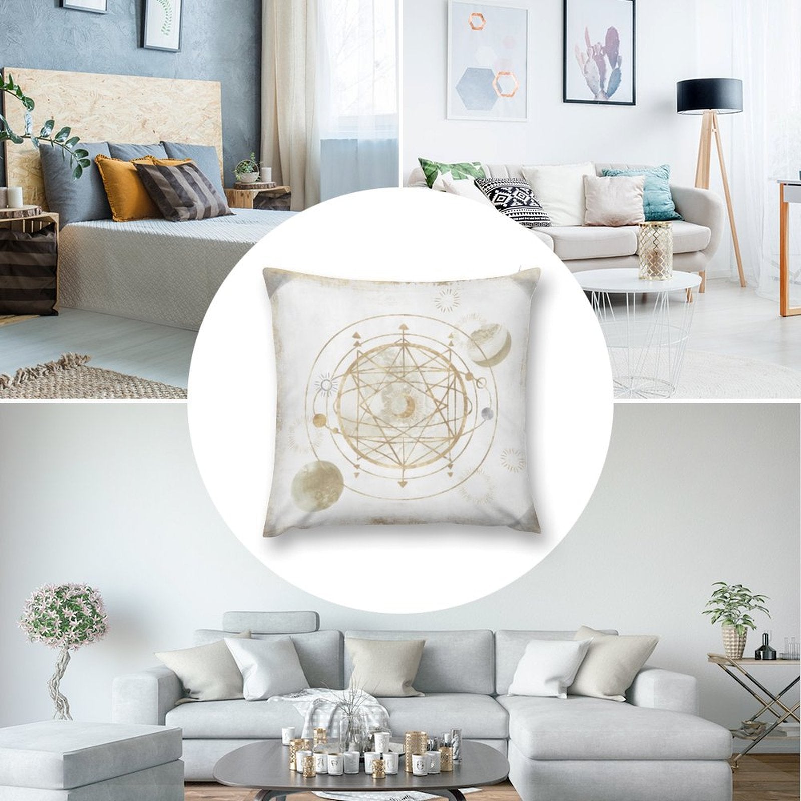 White short plush pillow cover with gold celestial design, perfect for living room and sofa decor. MyArtsyGift.