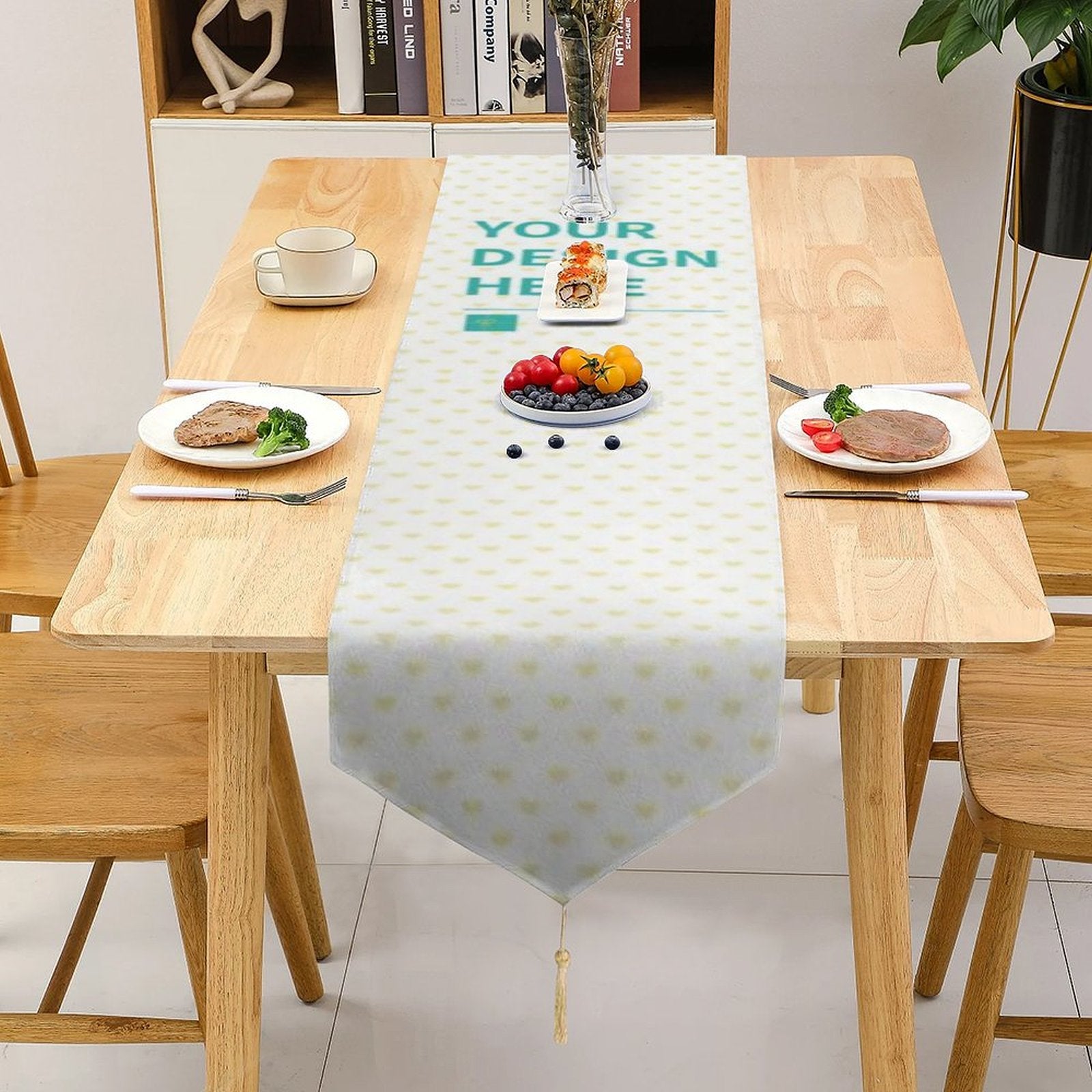Customizable table runner with heart pattern, perfect for parties and weddings. Featuring YOUR DESIGN HERE design.