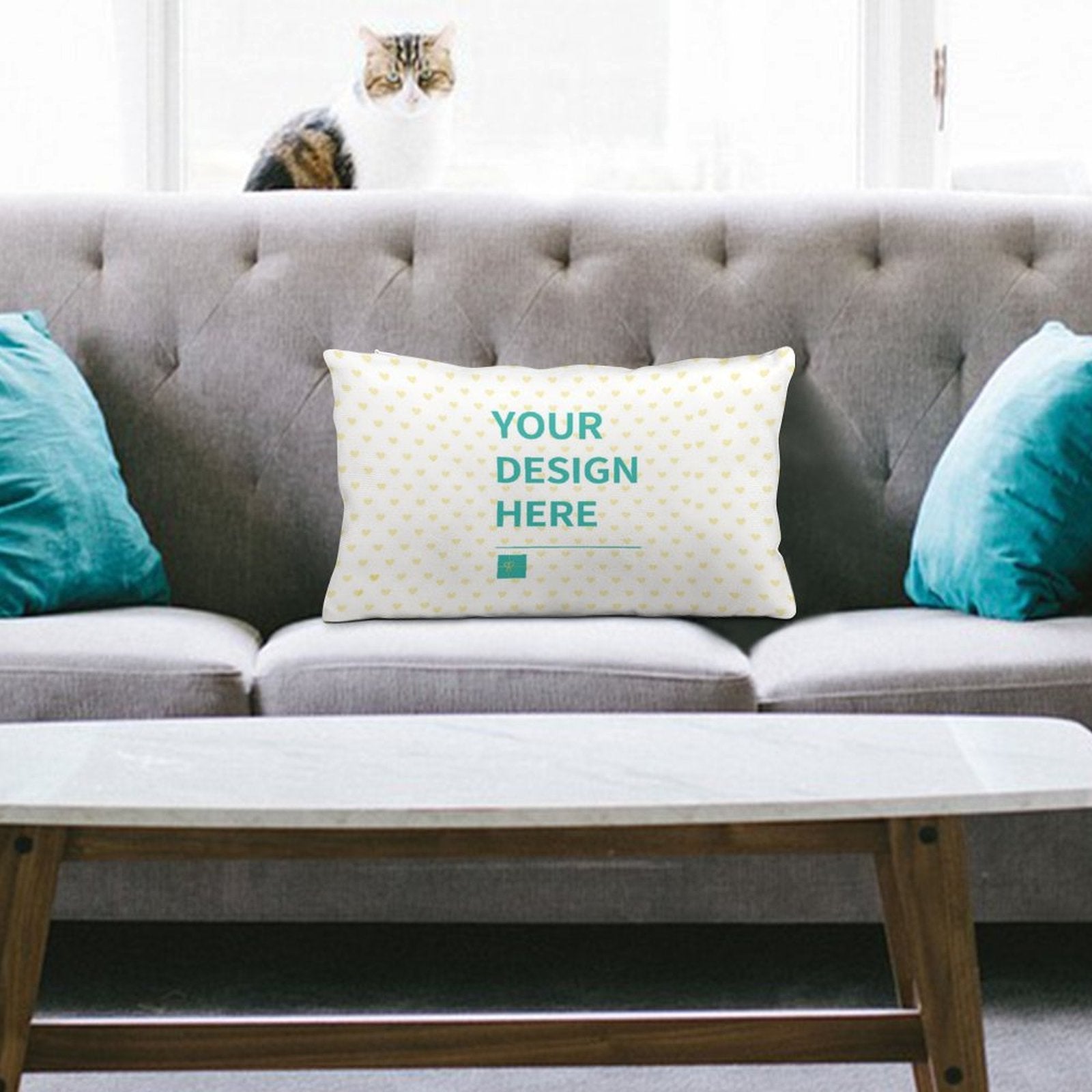 Customizable throw pillow cover with 'YOUR DESIGN HERE' text on sofa with cat, perfect for bed or couch